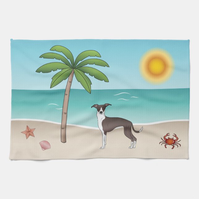 Seal And White Iggy Dog At Tropical Summer Beach Kitchen Towel (Horizontal)