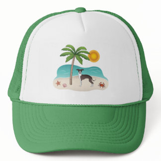 Seal And White Iggy Dog At Tropical Summer Beach Trucker Hat