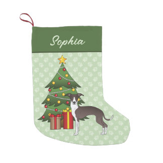 Seal And White Italian Greyhound &amp; Christmas Tree Small Christmas Stocking