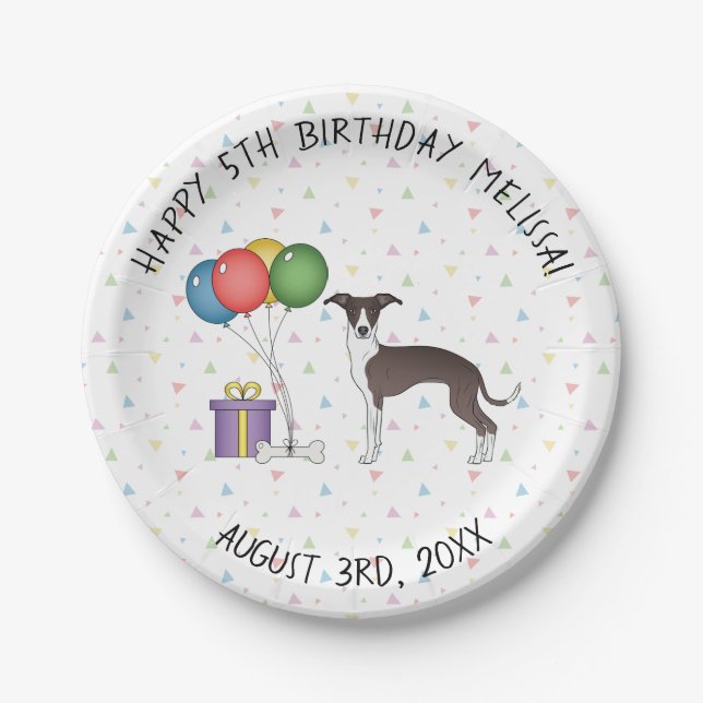 Seal And White Italian Greyhound Dog Birthday Paper Plates (Front)
