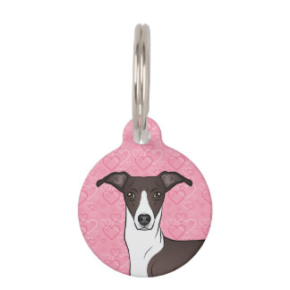 Seal And White Italian Greyhound Head Pink Hearts Pet ID Tag