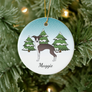 Seal And White Italian Greyhound In Winter Forest Ceramic Ornament