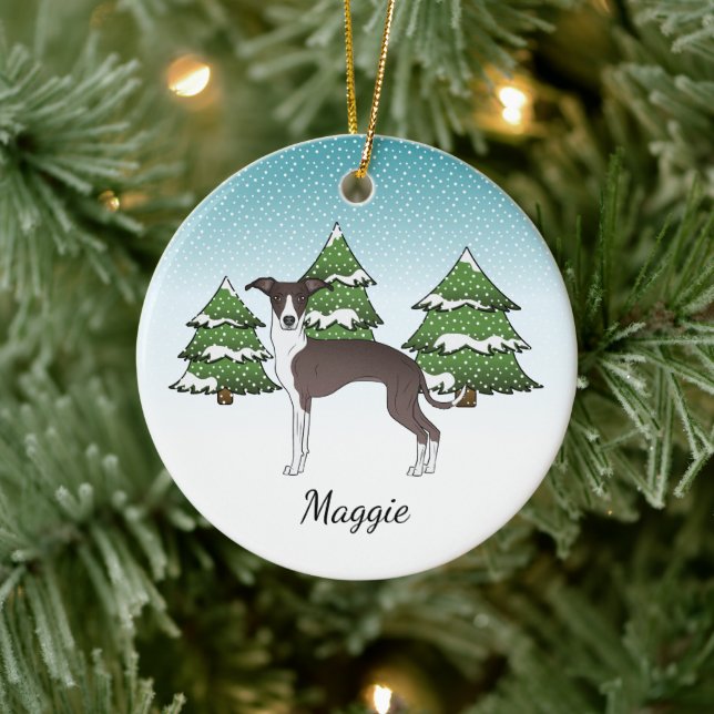Seal And White Italian Greyhound In Winter Forest Ceramic Ornament (Tree)