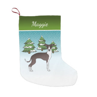 Seal And White Italian Greyhound In Winter Forest Small Christmas Stocking