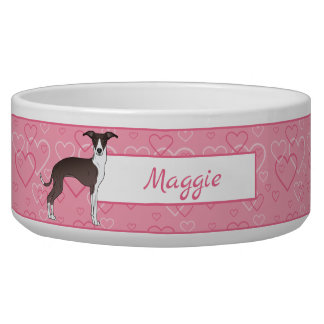 Seal And White Italian Greyhound On Pink Hearts Bowl
