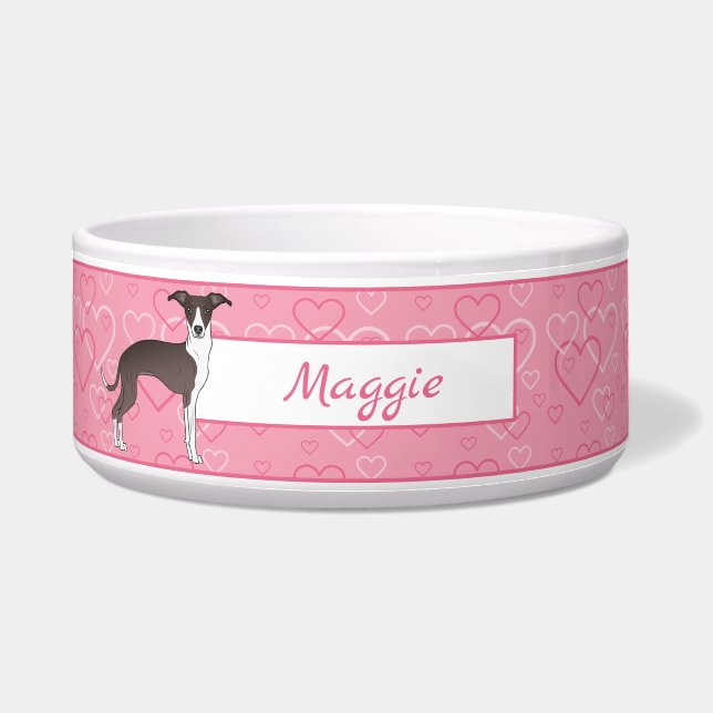Seal And White Italian Greyhound On Pink Hearts Bowl (Front)