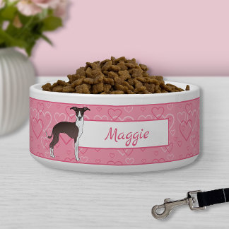 Seal And White Italian Greyhound On Pink Hearts Bowl