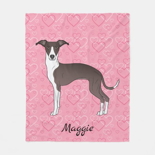 Seal And White Italian Greyhound On Pink Hearts Fleece Blanket