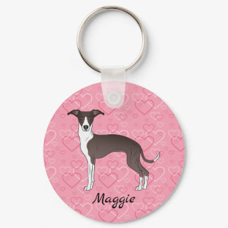 Seal And White Italian Greyhound On Pink Hearts Keychain