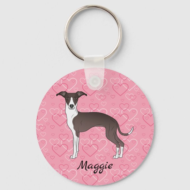 Seal And White Italian Greyhound On Pink Hearts Keychain (Front)