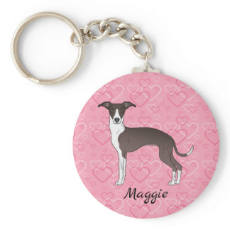 Seal And White Italian Greyhound On Pink Hearts Keychain