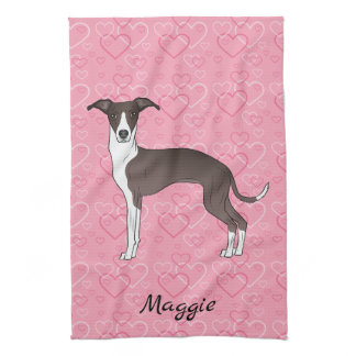 Seal And White Italian Greyhound On Pink Hearts Kitchen Towel