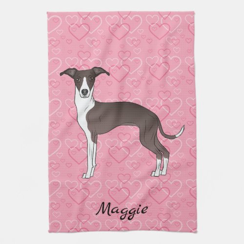 Seal And White Italian Greyhound On Pink Hearts Kitchen Towel