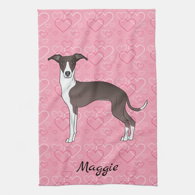 Seal And White Italian Greyhound On Pink Hearts Kitchen Towel (Vertical)
