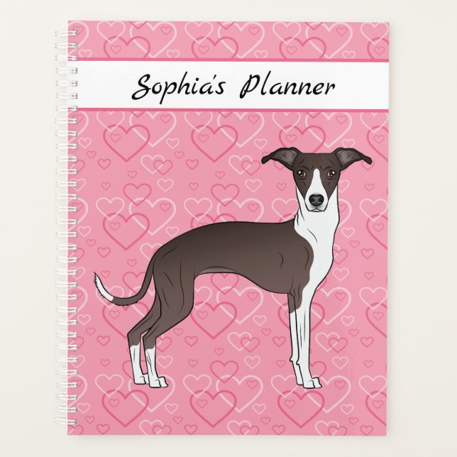 Seal And White Italian Greyhound On Pink Hearts Planner (Front)
