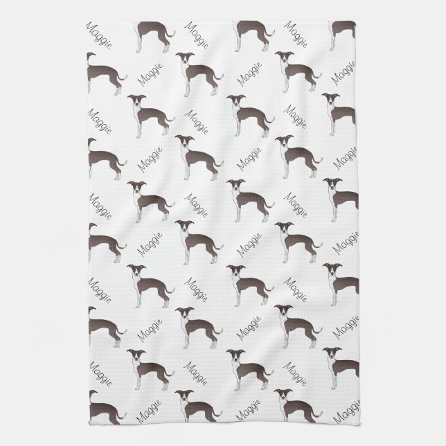 Seal And White Italian Greyhound Pattern And Name Kitchen Towel (Vertical)