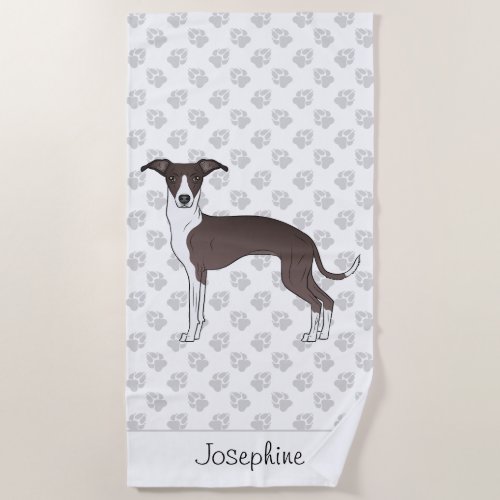 Seal And White Italian Greyhound With Custom Name Beach Towel