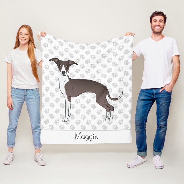 Seal And White Italian Greyhound With Custom Name Fleece Blanket (In Situ)