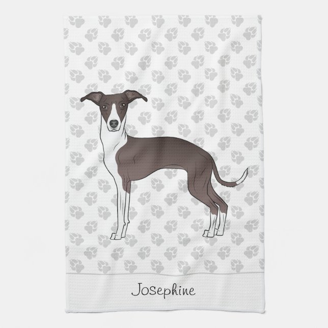 Seal And White Italian Greyhound With Custom Name Kitchen Towel (Vertical)