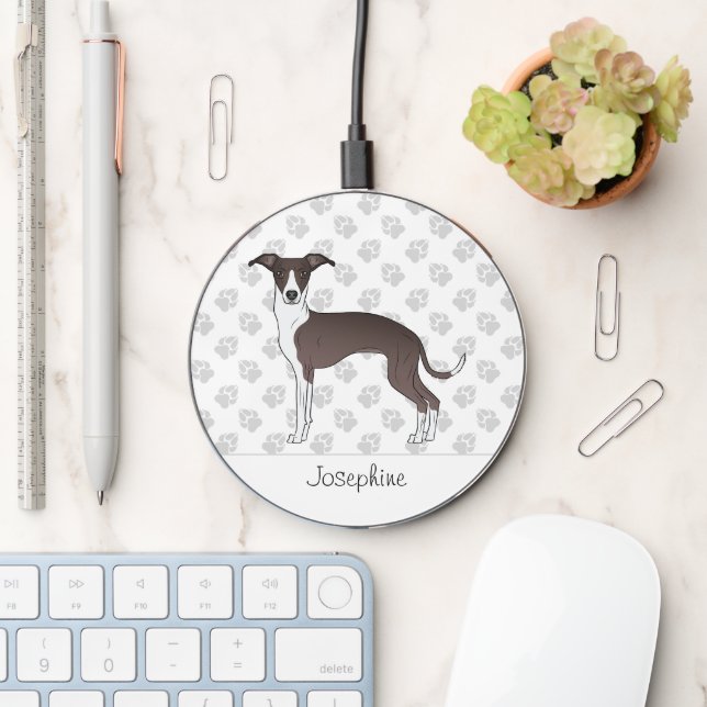 Seal And White Italian Greyhound With Custom Name Wireless Charger (Desk)