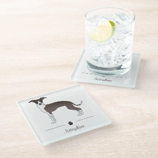 Seal And White Italian Greyhound With Custom Text Glass Coaster