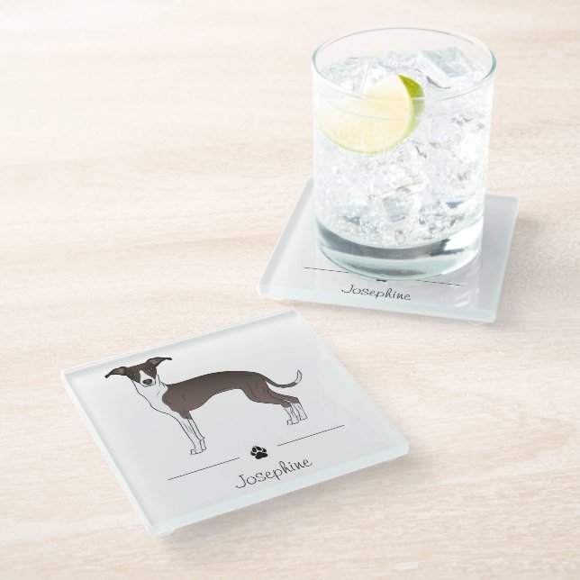 Seal And White Italian Greyhound With Custom Text Glass Coaster (Angled)