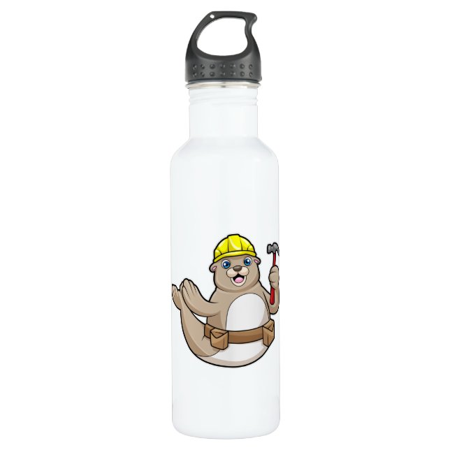 Seal as Carpenter with Hammer & Hat Stainless Steel Water Bottle (Front)