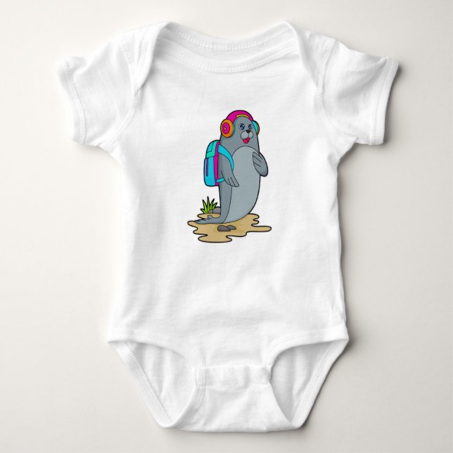 Seal as Hiker with Backpack Baby Bodysuit (Front)