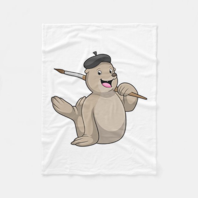 Seal as Painter with Paint brush Fleece Blanket (Front)