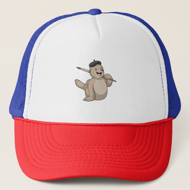 Seal as Painter with Paint brush Trucker Hat (Front)