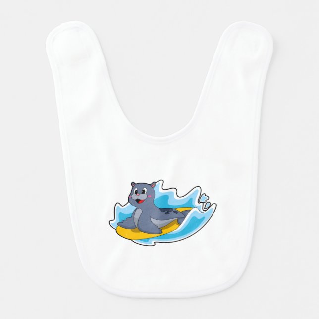 Seal as Surfer with Surfboard Baby Bib (Front)