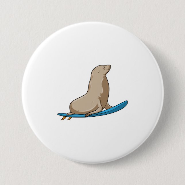 Seal as Surfer with Surfboard Button (Front)