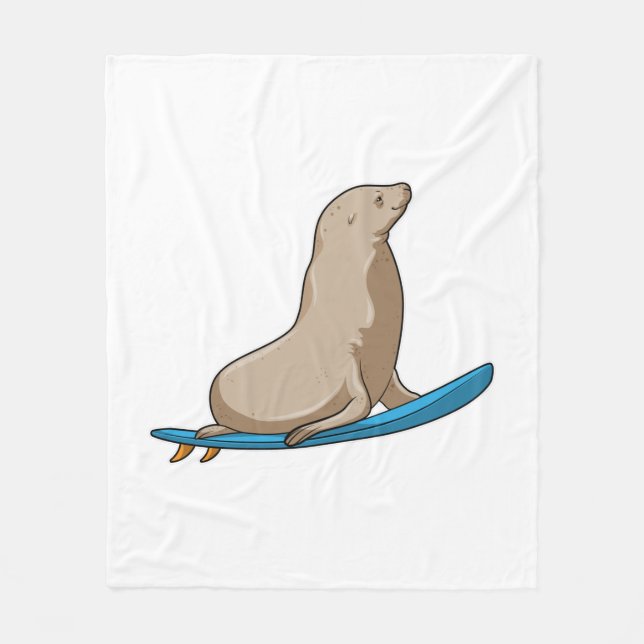 Seal as Surfer with Surfboard Fleece Blanket (Front)