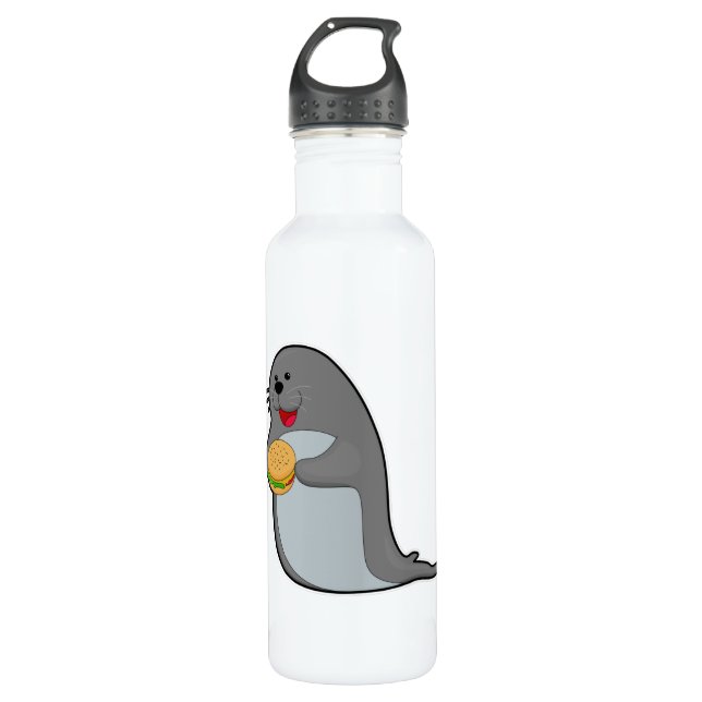 Seal at Eating with Burger Stainless Steel Water Bottle (Front)