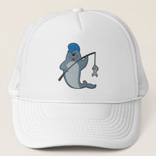 Seal at Fishing with Fishing rod & Fish Trucker Hat