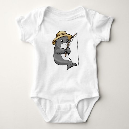 Seal at Fishing with Fishing rod  Hat Baby Bodysuit
