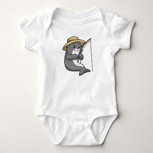 Seal at Fishing with Fishing rod & Hat Baby Bodysuit (Front)