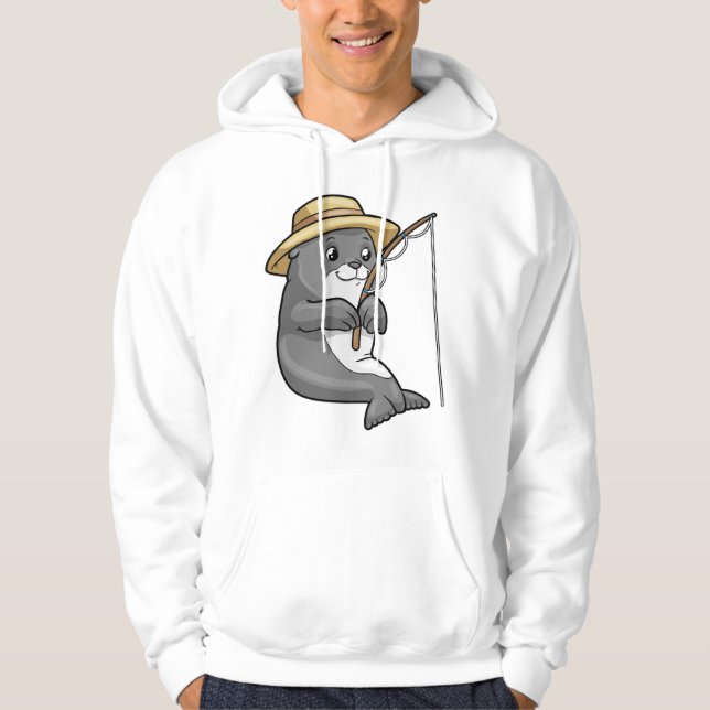 Seal at Fishing with Fishing rod & Hat Hoodie (Front)
