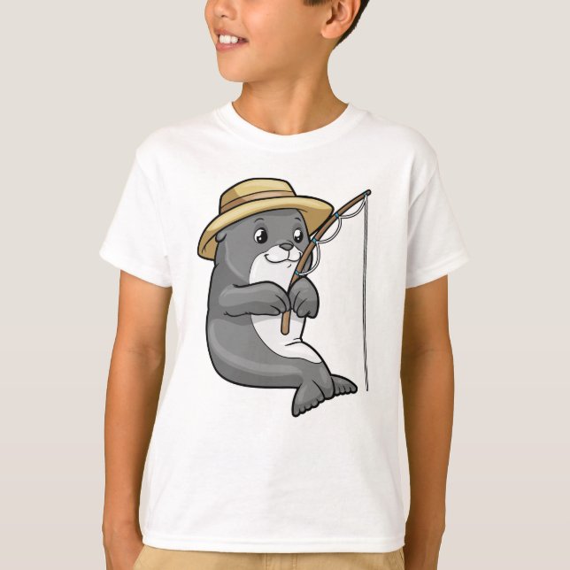 Seal at Fishing with Fishing rod & Hat T-Shirt (Front)