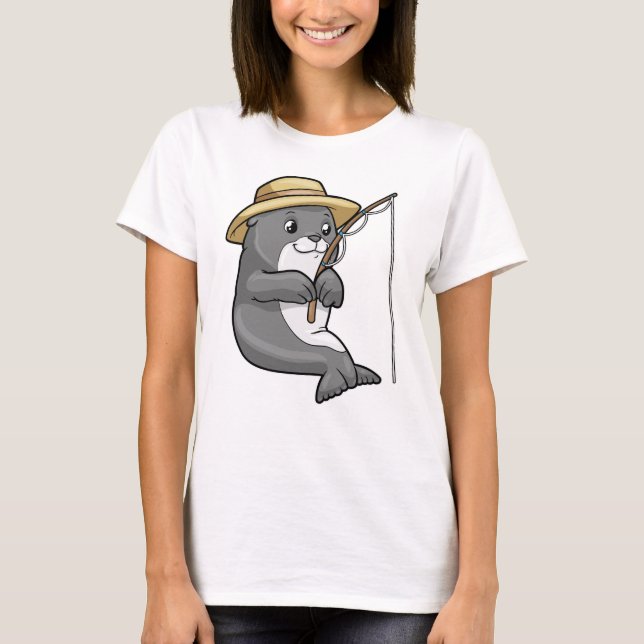 Seal at Fishing with Fishing rod & Hat T-Shirt (Front)