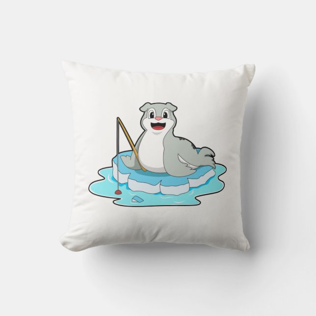 Seal at Fishing with Fishing rod Throw Pillow (Front)