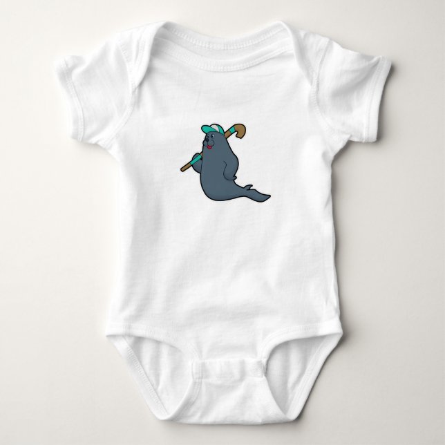Seal at Hockey with Hockey stick Baby Bodysuit (Front)