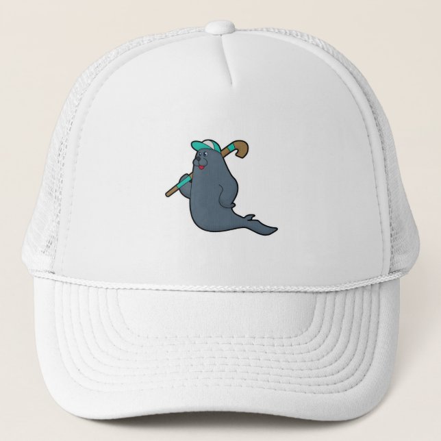 Seal at Hockey with Hockey stick Trucker Hat (Front)