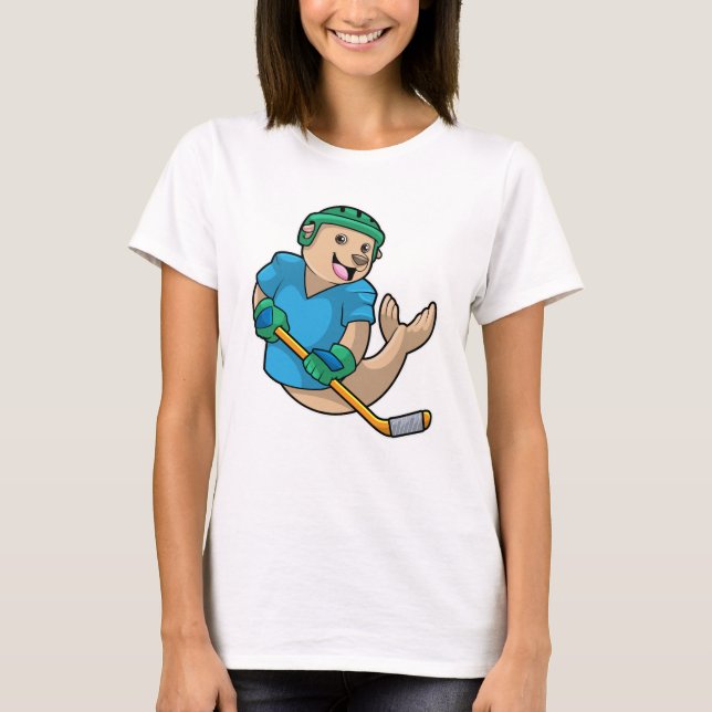 Seal at Ice hockey with Ice hockey stick T-Shirt (Front)