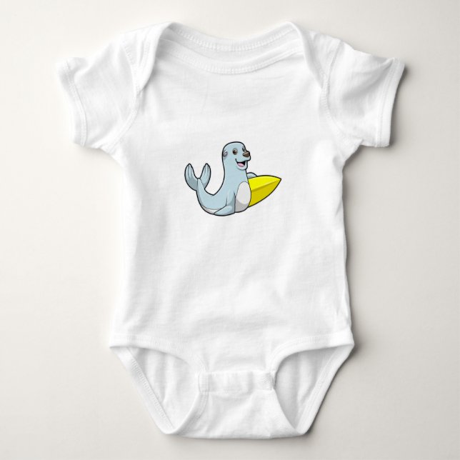 Seal at Surfing with Surfboard Baby Bodysuit (Front)