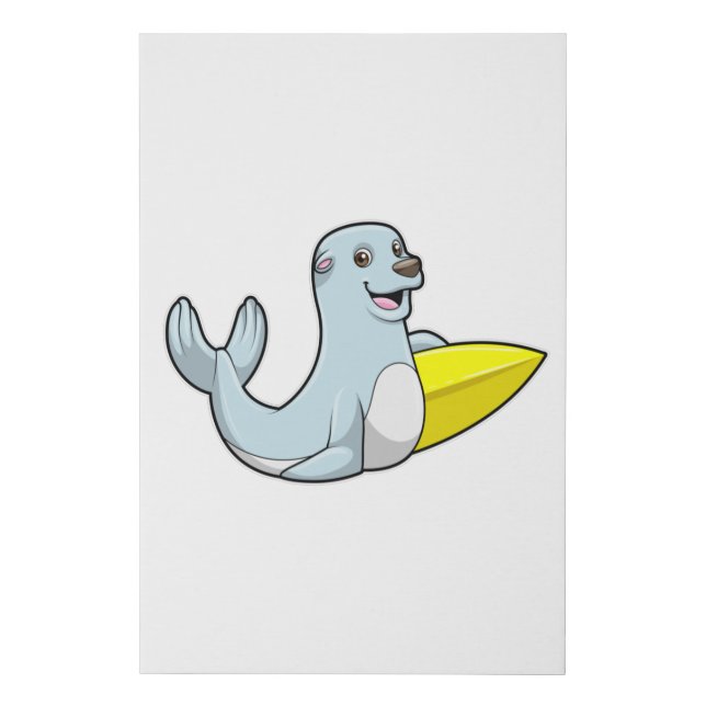Seal at Surfing with Surfboard Faux Canvas Print (Front)