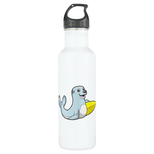 Seal at Surfing with Surfboard Stainless Steel Water Bottle (Front)