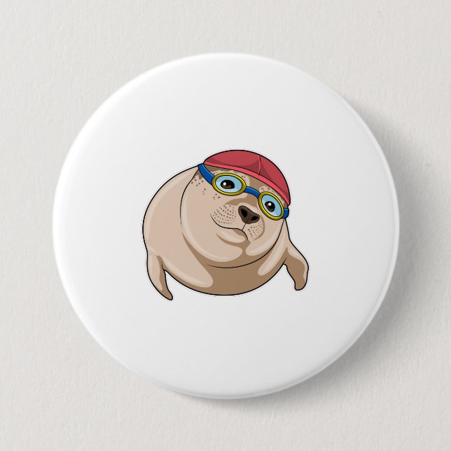 Seal at Swimming with Swimming goggles Button (Front)