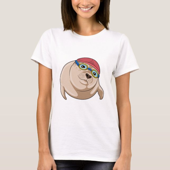 Seal at Swimming with Swimming goggles T-Shirt (Front)