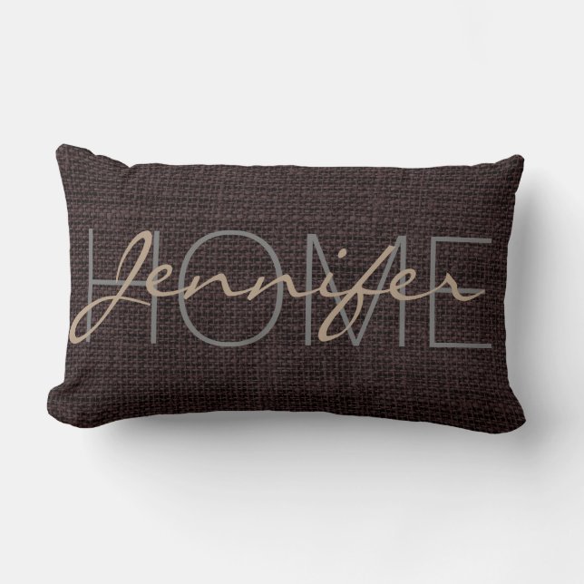 Seal brown Burlap Rustic Monogram Lumbar Pillow (Front)